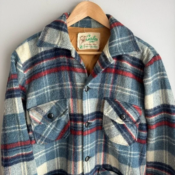 Vintage 60s 70s Caribou Coat Plaid Wool Jacket Shacket Button Up Mens M Womens L - Picture 3 of 14